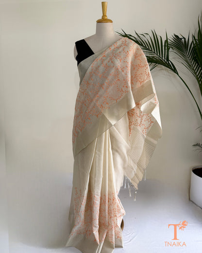 Elegant embroidered Chanderi saree with soft woven border