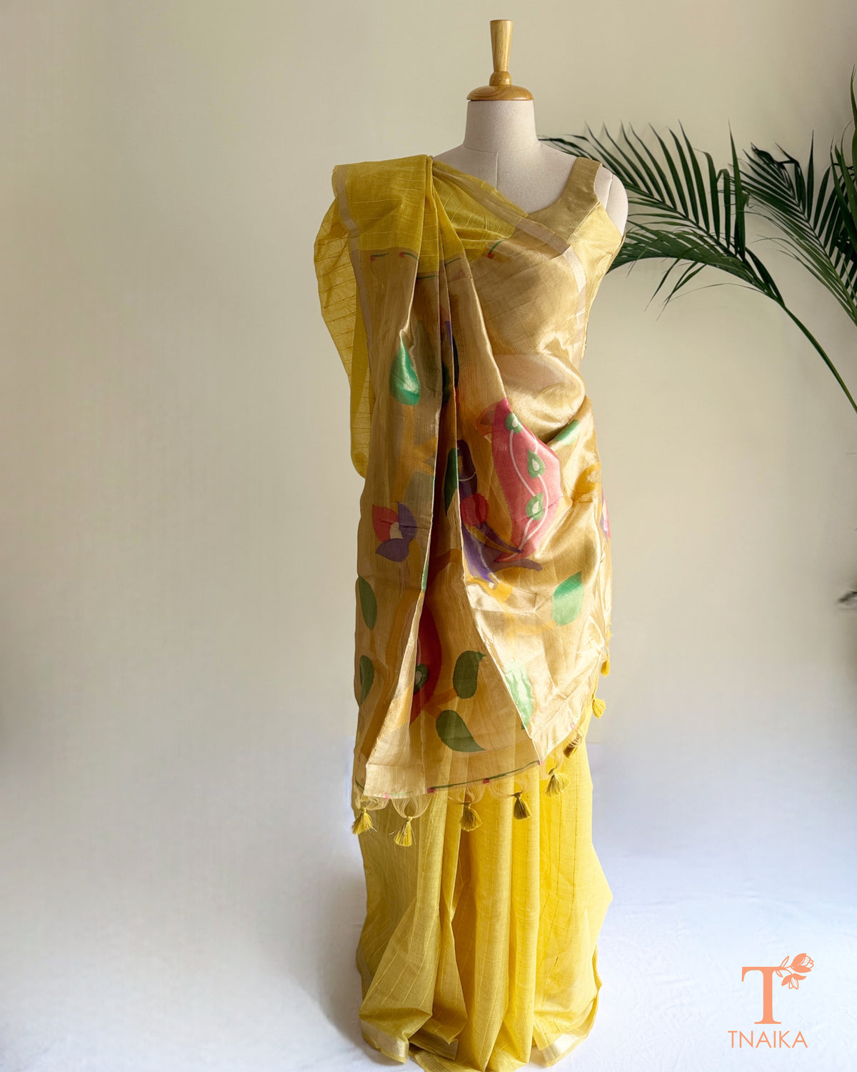 Paithani-inspired yellow cotton saree with colourful pallu and fine sequin detailing