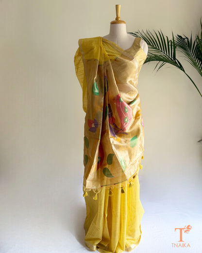 Paithani-inspired yellow cotton saree with colourful pallu and fine sequin detailing