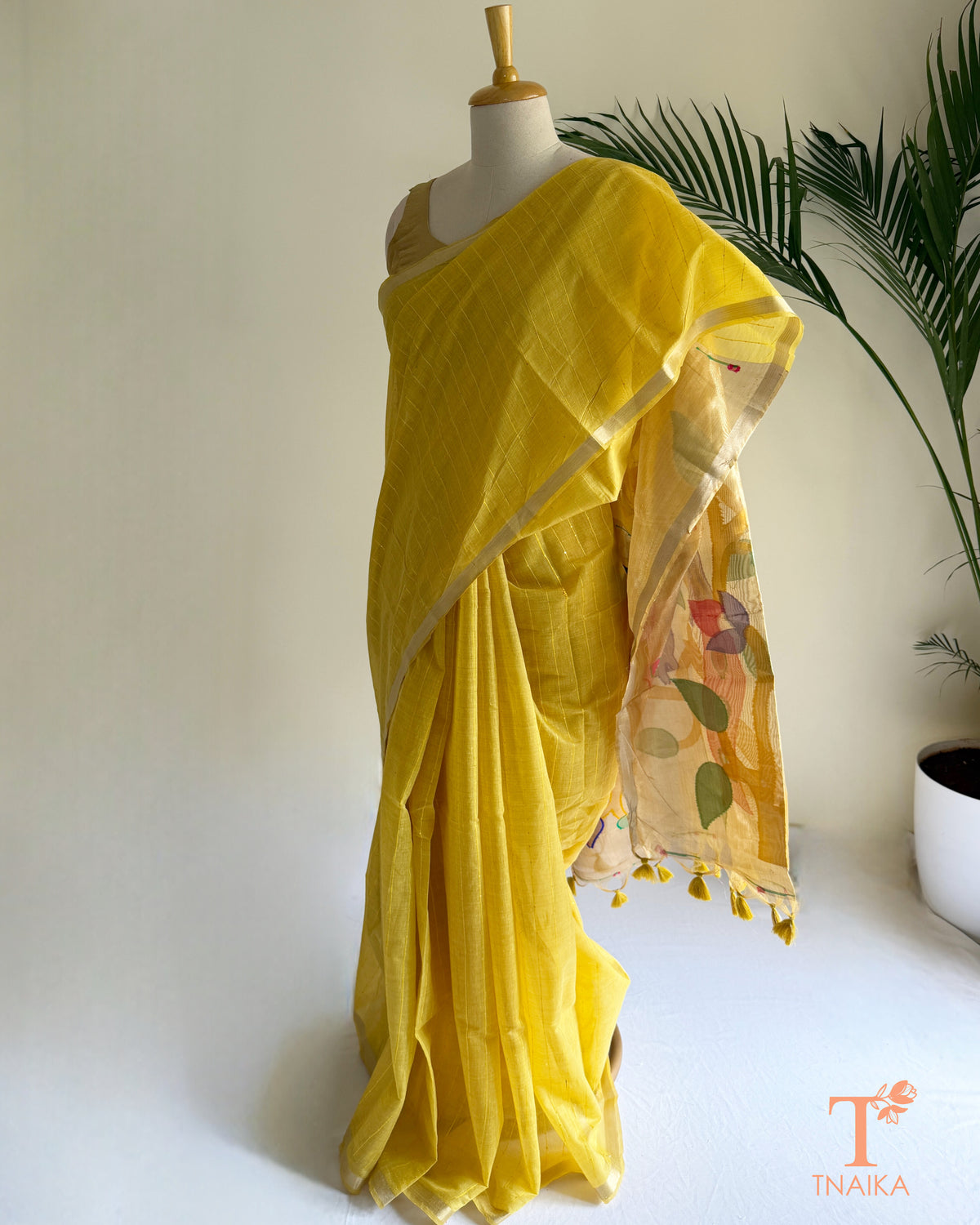 Muga-feel cotton saree with Paithani-inspired pallu
