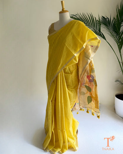 Muga-feel cotton saree with Paithani-inspired pallu
