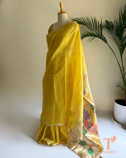 Yellow cotton saree with colourful traditional-inspired pallu
