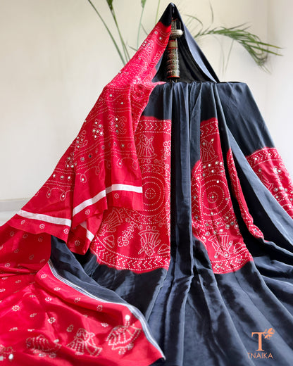 Festive printed satin silk saree with attached mirror work