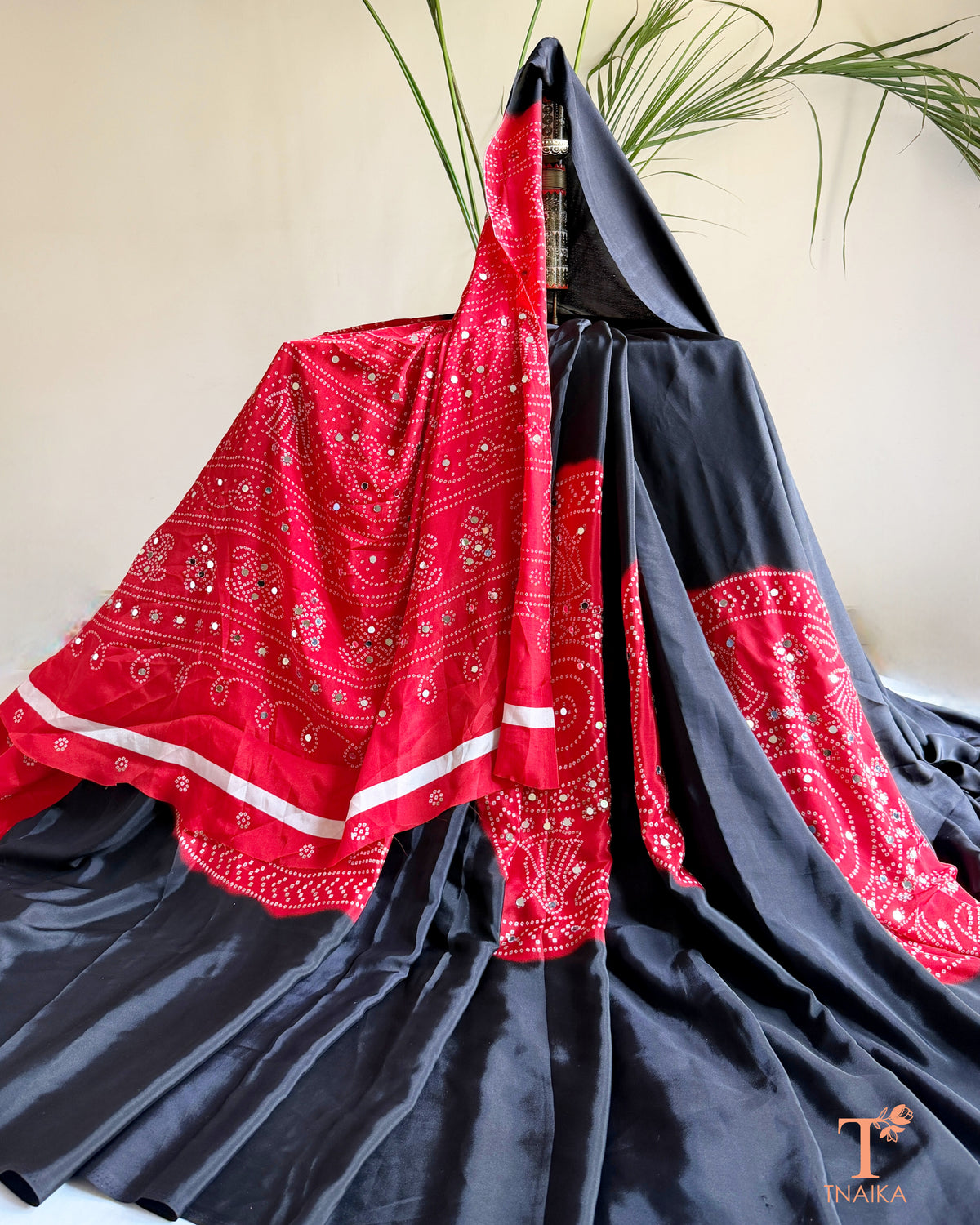 Satin silk saree with mill printed design and mirror detailing