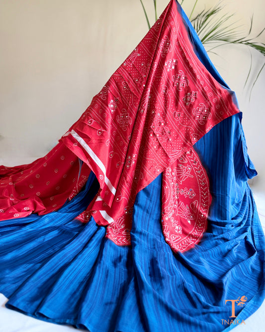 Elegant satin silk saree with colourful printed panels and mirror detailing