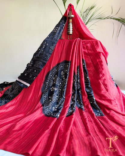 Statement satin silk saree with mill print and festive mirror details