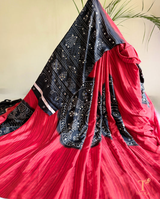 Traditional inspired satin silk saree with printed motifs and mirrors