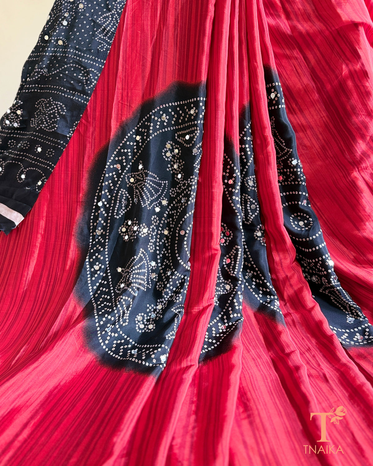 Festive mirror work saree in smooth satin silk fabric