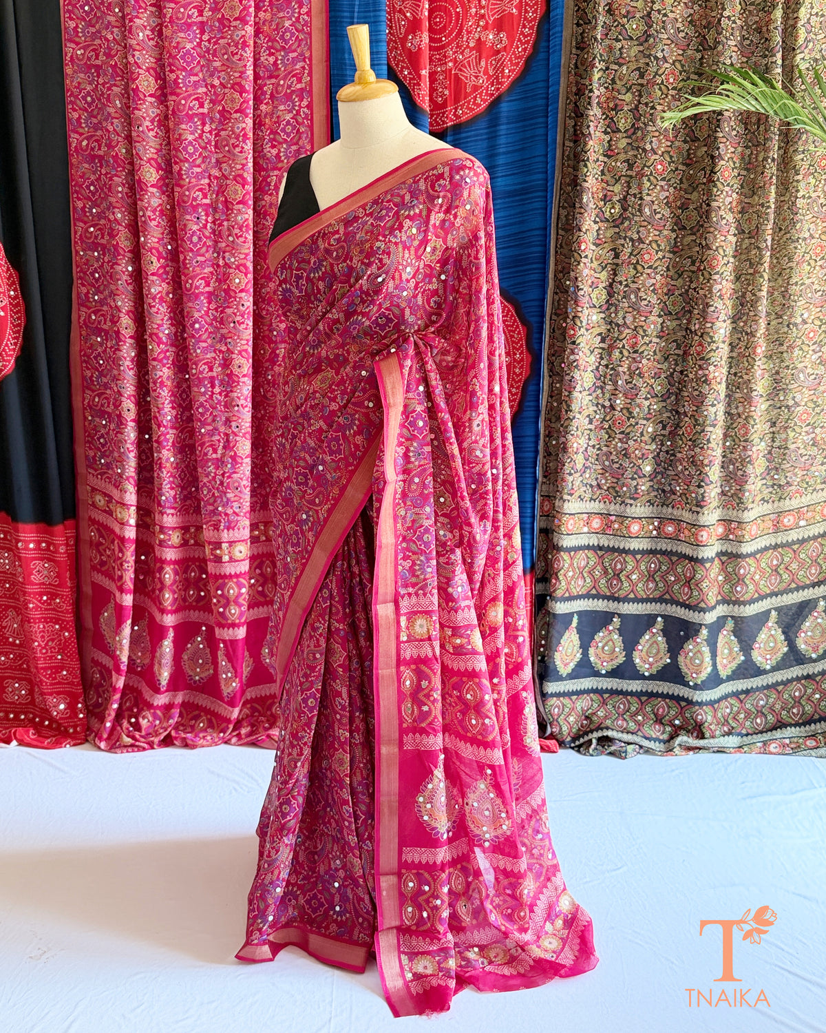 Pink Marshmallow fabric saree with traditional print and mirror work