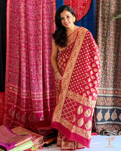 Upada silk saree featuring Bandhani print and intricate zari border