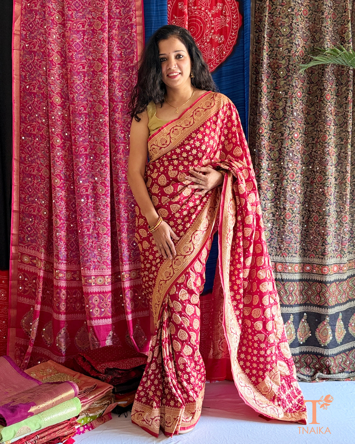 Festive Bandhani saree with zari border and patterned pallu