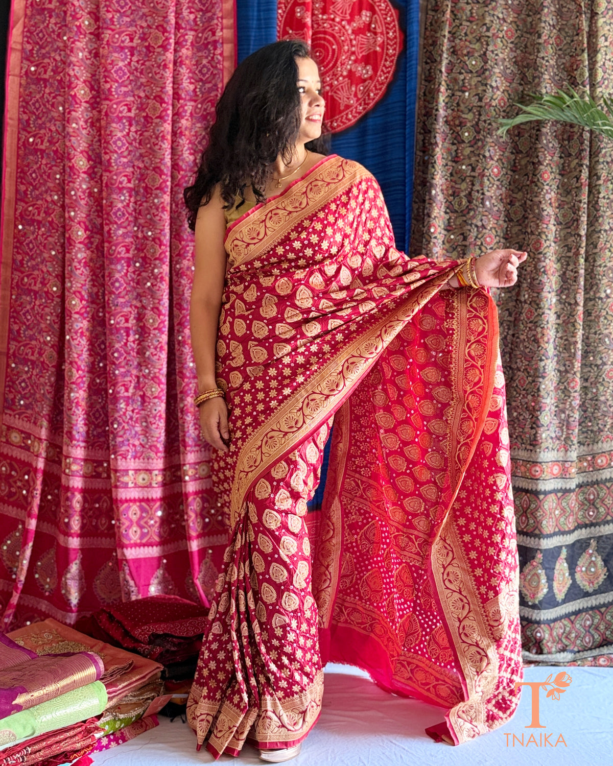 Upada zari dupion silk Bandhani saree with traditional motifs