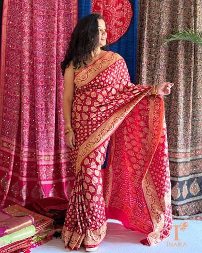 Upada zari dupion silk Bandhani saree with traditional motifs