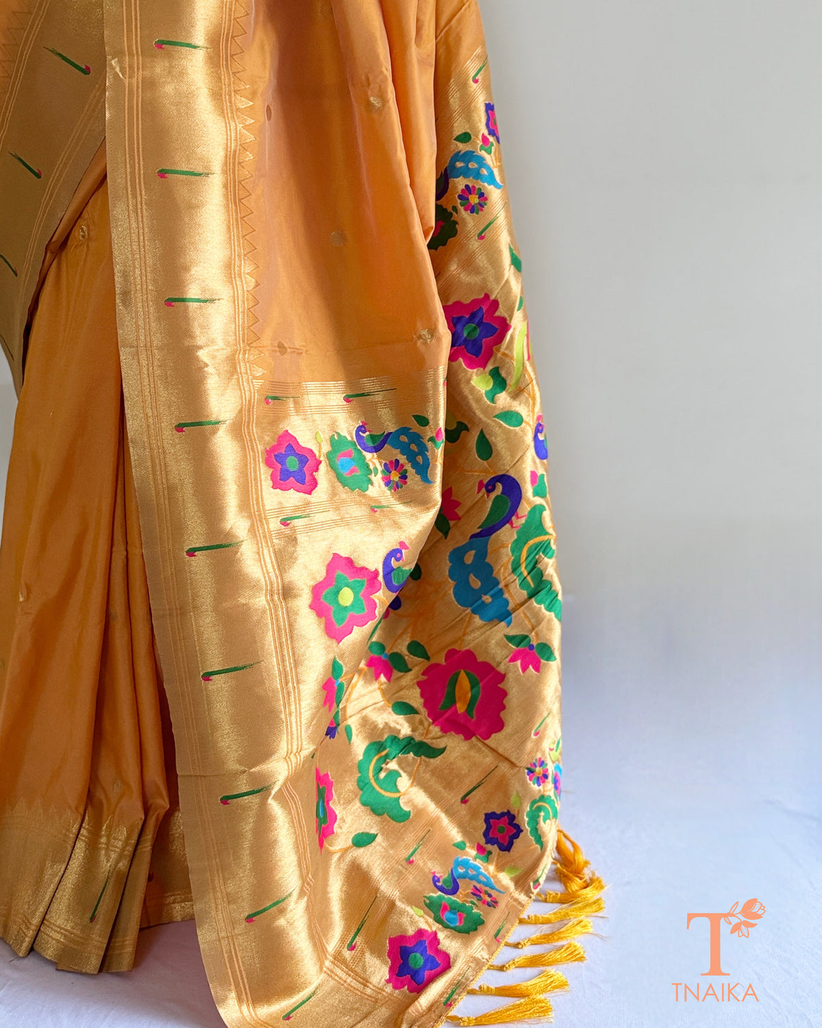 Paithani-inspired saree with colourful traditional pallu motifs
