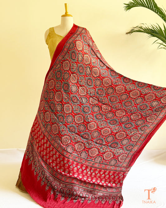 Pure modal silk Ajrakh hand block printed dupatta with soft drape