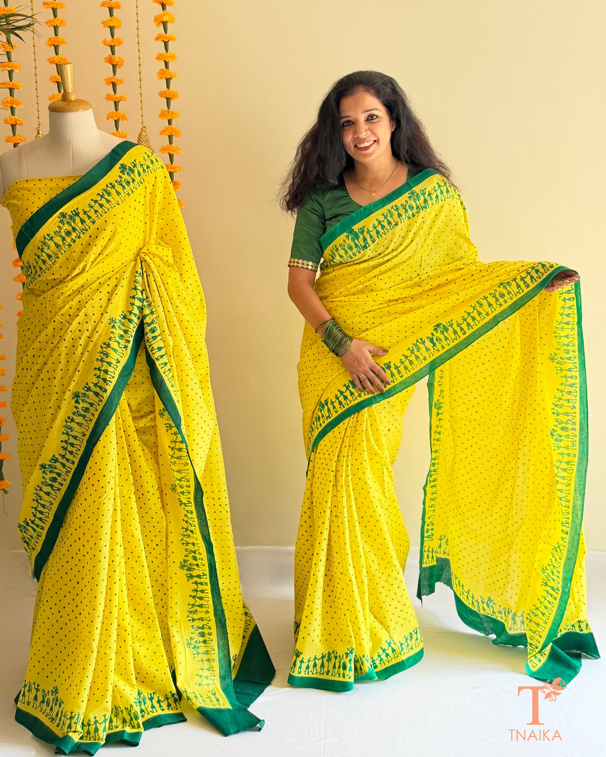 Handmade Mul cotton saree featuring polka dots and folk art motifs