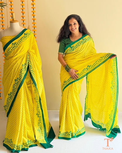 Handmade Mul cotton saree featuring polka dots and folk art motifs