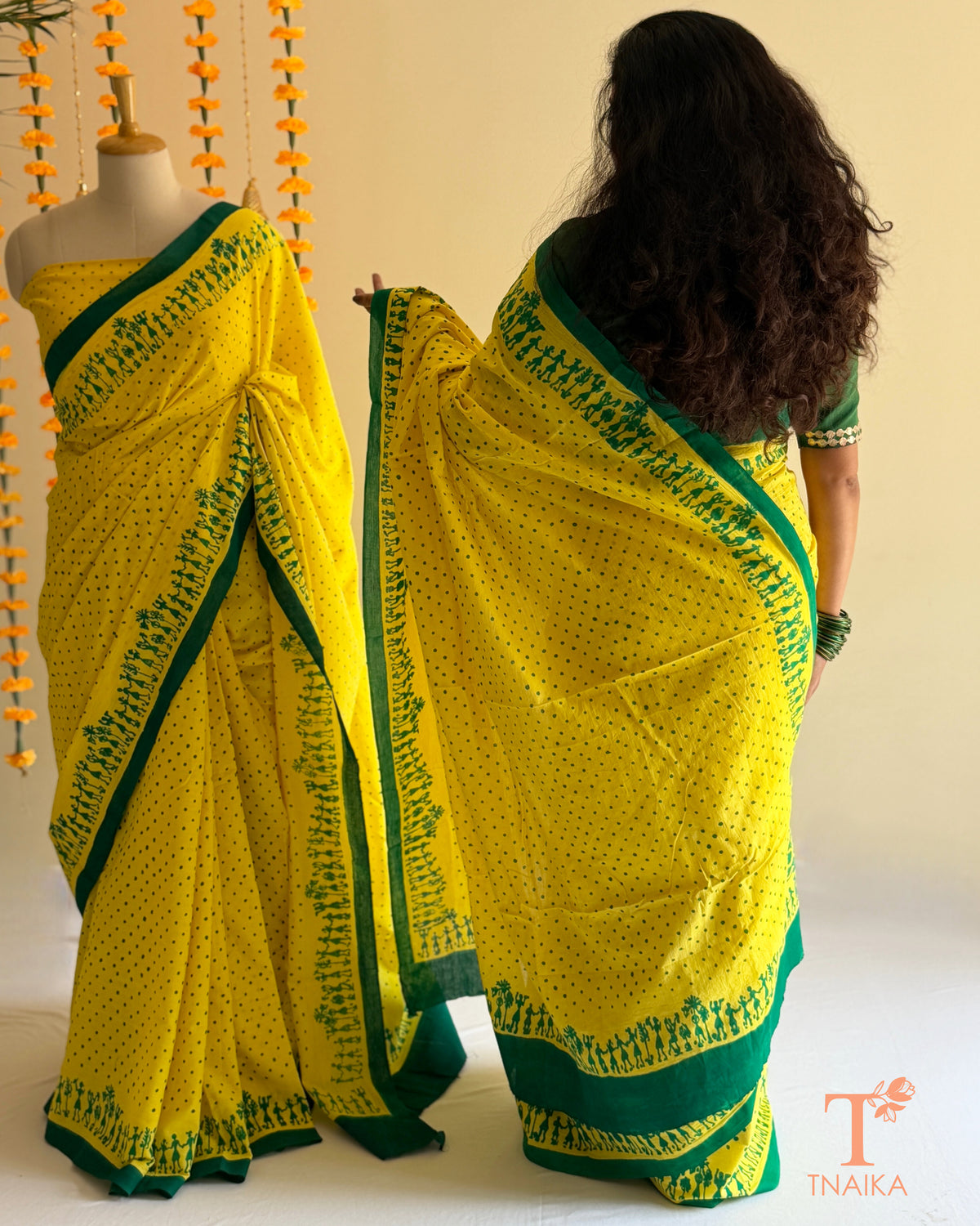 Pure cotton saree with traditional Warli-style border and matching blouse fabric