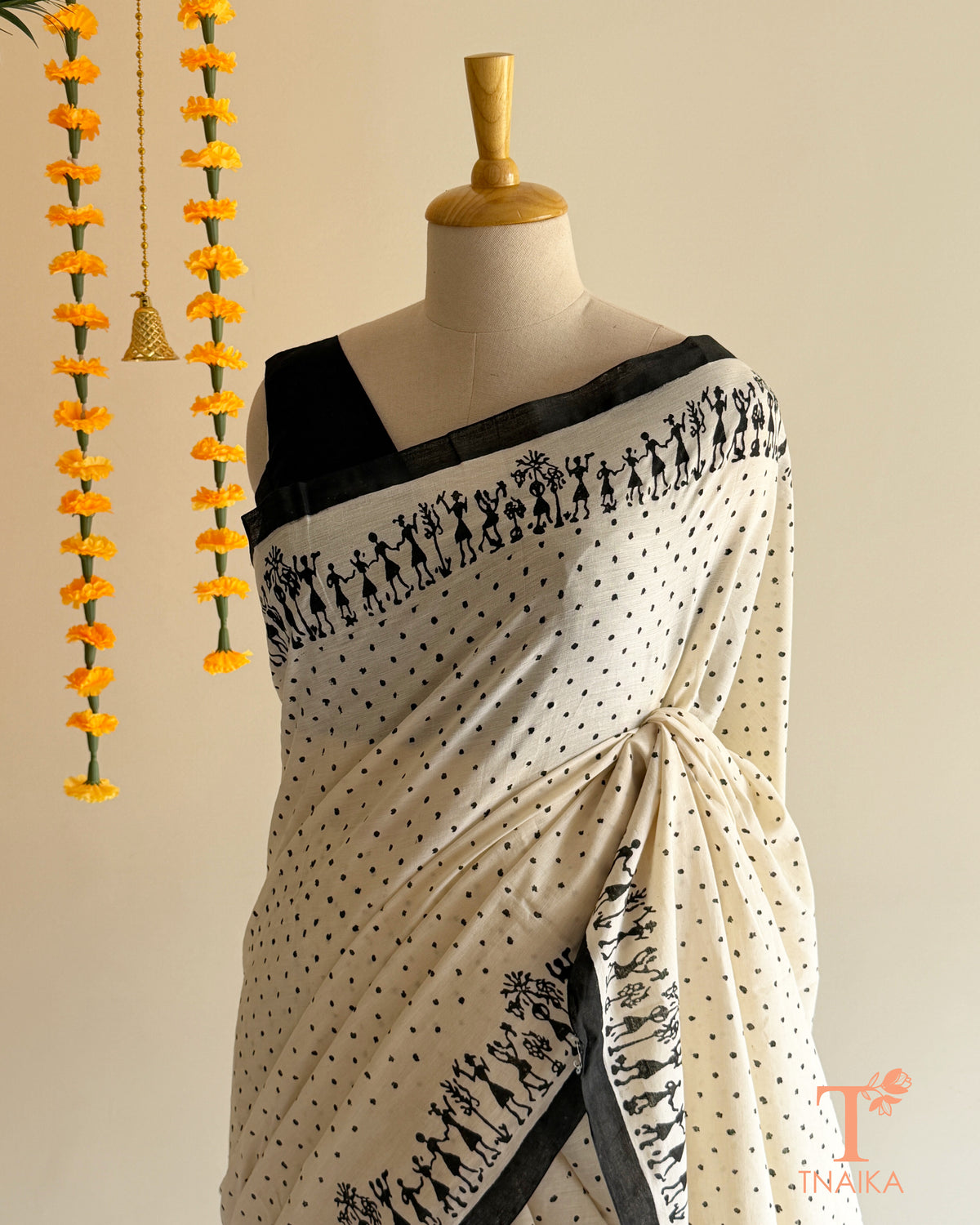 Handmade Mul cotton saree featuring polka dots and folk art motifs