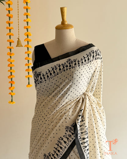 Handmade Mul cotton saree featuring polka dots and folk art motifs