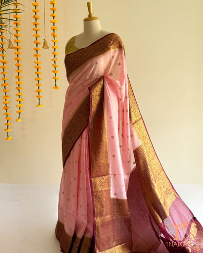 Tnaika semi Banarasi silk saree in blush pink with golden butti motifs