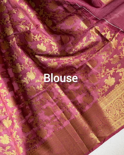 Semi Banarasi silk saree with golden butti and deep pink border