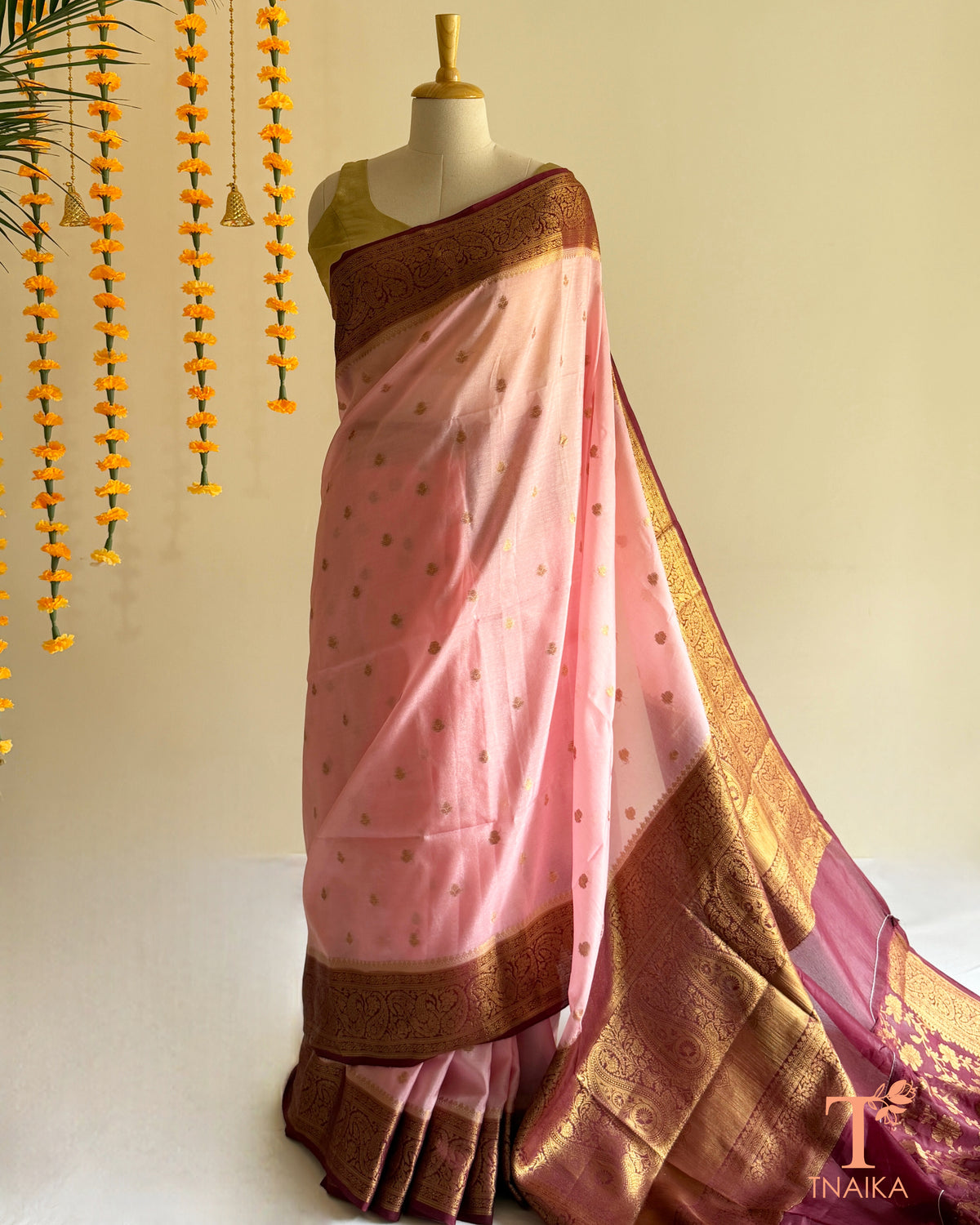 Pink semi Banarasi saree with broad gold zari-woven border