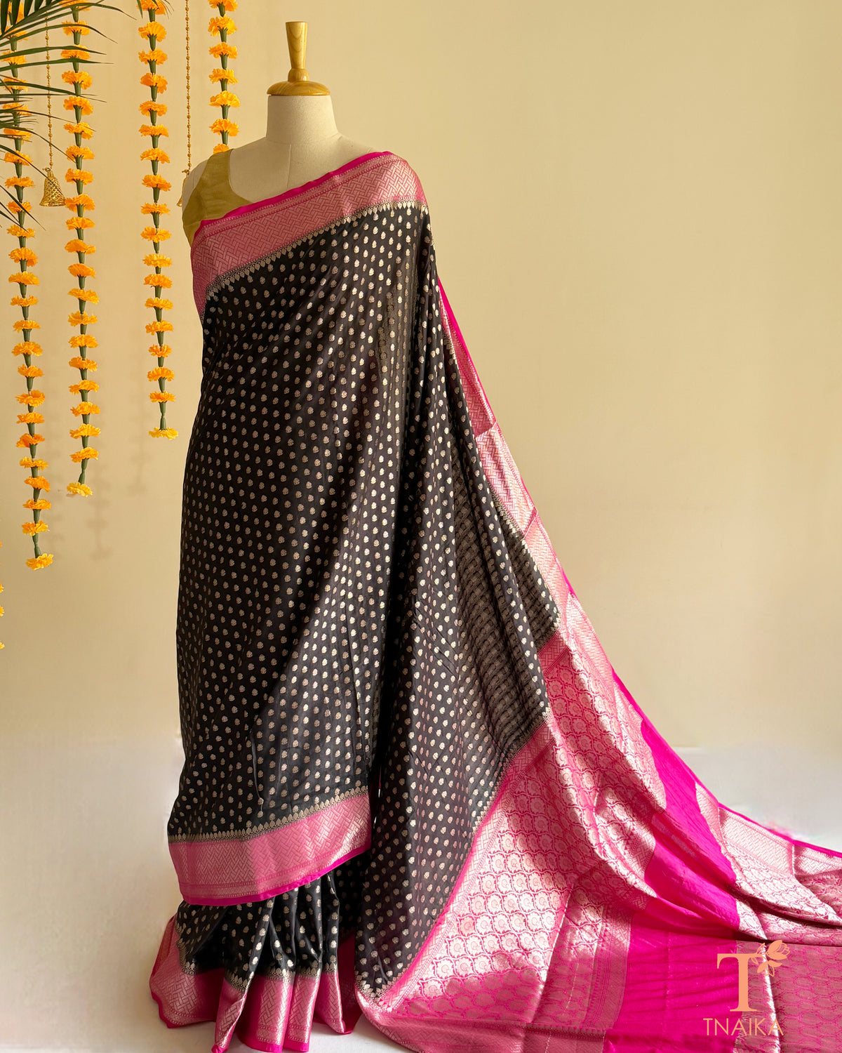 Elegant black semi silk saree with zari woven detailing