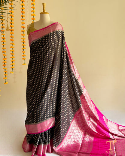 Elegant black semi silk saree with zari woven detailing