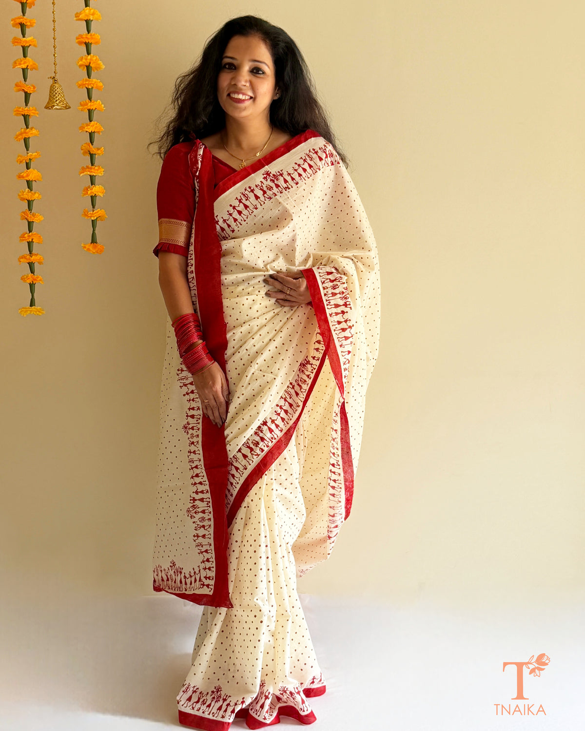 Handmade Mul cotton saree featuring polka dots and folk art motifs