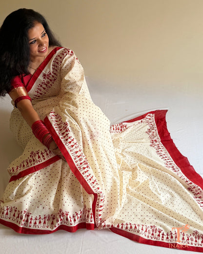 Pure Mul cotton saree with polka dot print and Warli art border