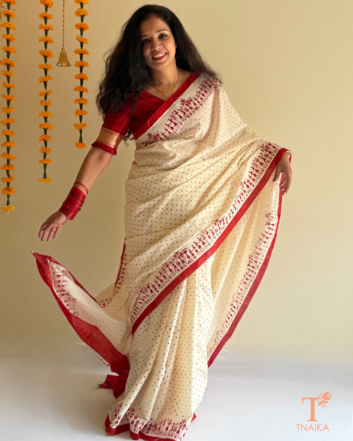 Handmade printed cotton saree with polka dots and decorative border