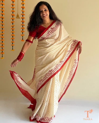 Handmade printed cotton saree with polka dots and decorative border