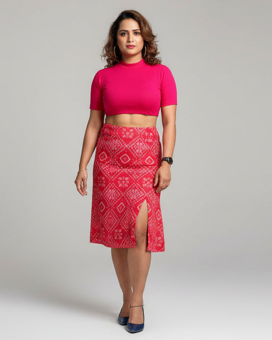 Indo western semi silk Bandhani pencil skirt outfit