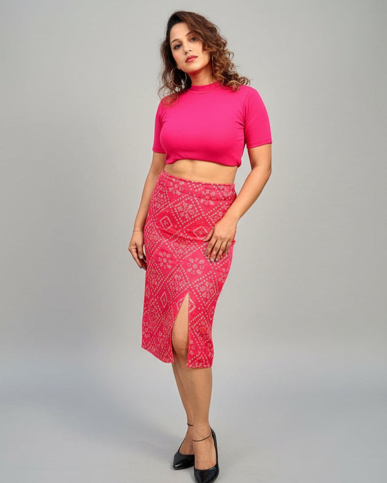 Close-up of Bandhani pattern on semi silk pencil skirt