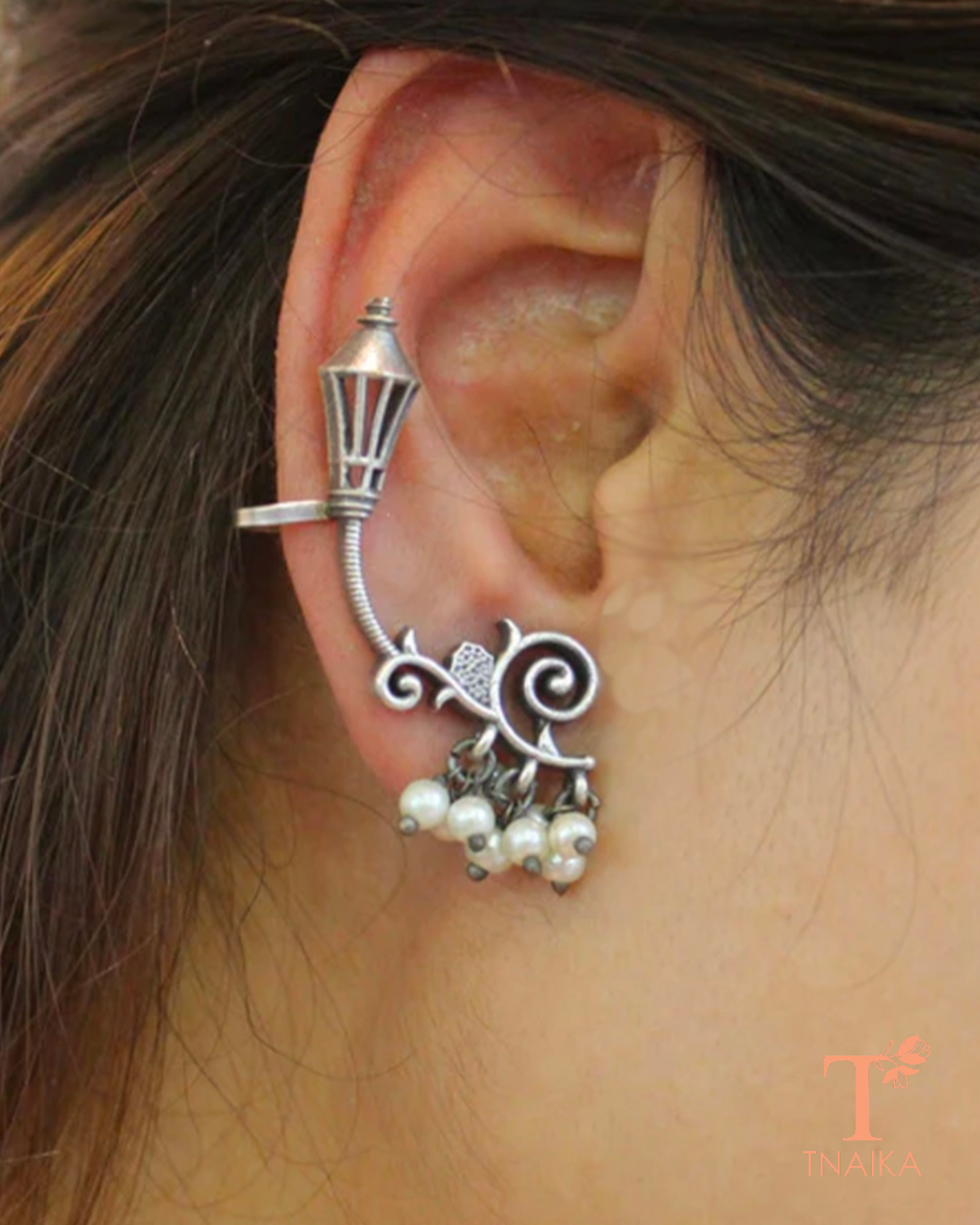 Oxidised ear cuff earrings with spiral shankh pattern and pearl charms