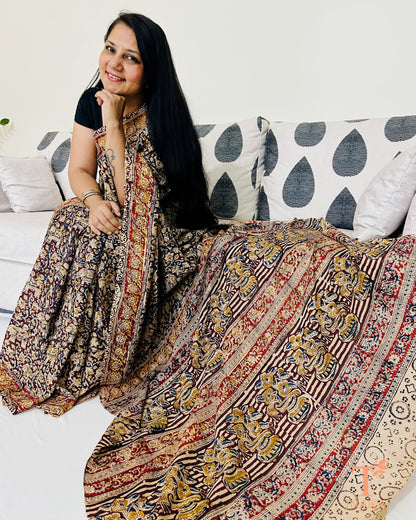 Earth toned Chennur silk Kalamkari saree with traditional handblock print