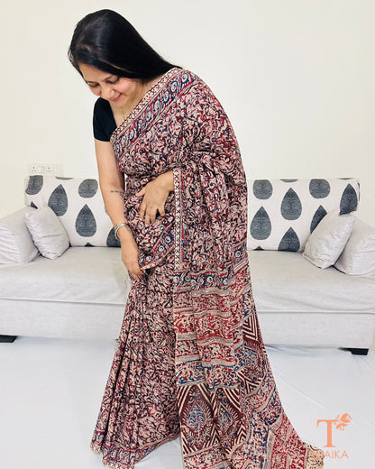 Handblock printed Chennur silk Kalamkari saree with heritage motifs