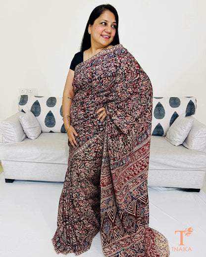 Full drape view of earthy Chennur silk Kalamkari saree