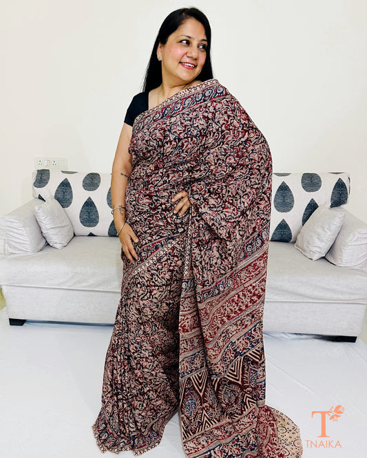 Full drape view of earthy Chennur silk Kalamkari saree