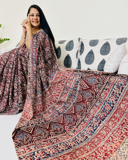 Chennur silk Kalamkari saree in earthy tones with running blouse