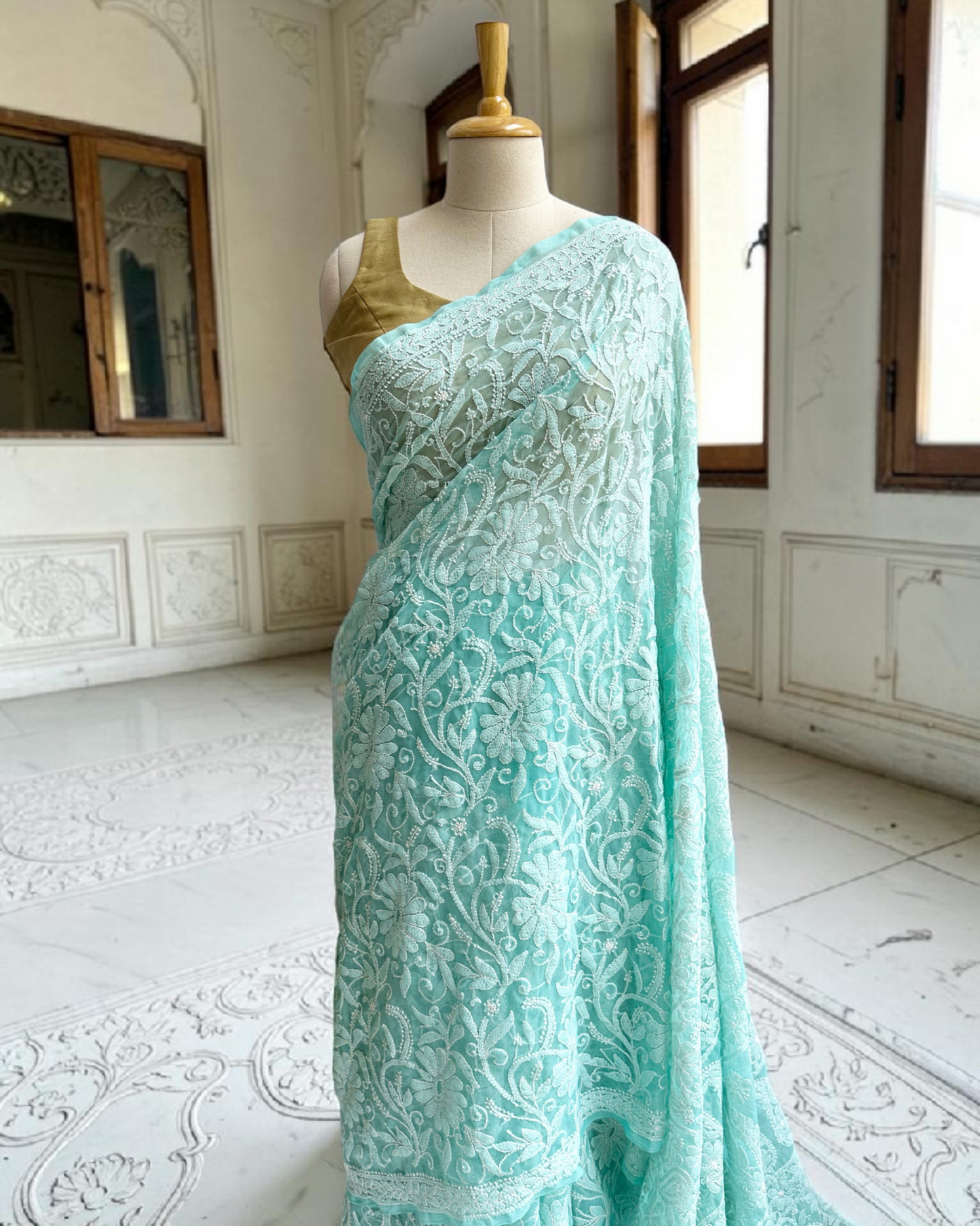 Handcrafted chikankari saree with intricate full jaal embroidery pattern