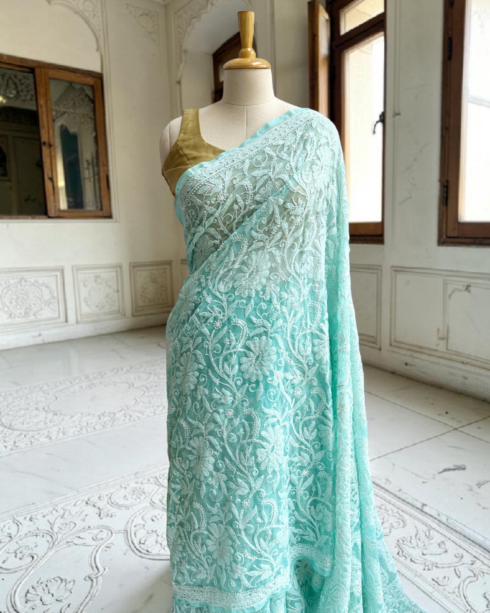 Handcrafted chikankari saree with intricate full jaal embroidery pattern