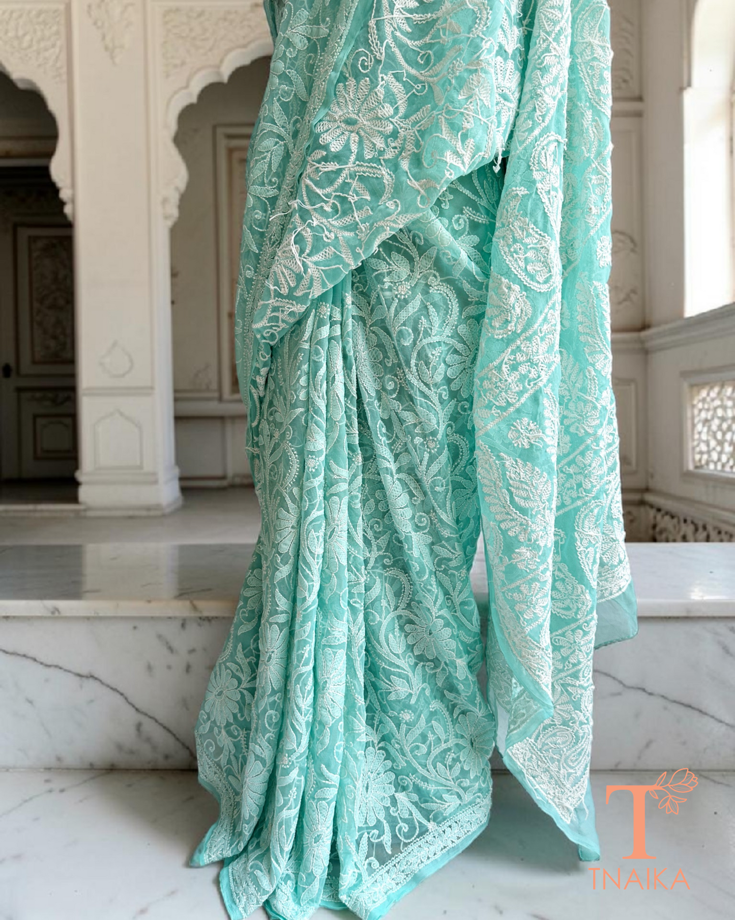 chikankari saree with full jaal hand embroidery in lightweight fabric