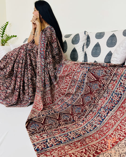 Earth toned Chennur silk Kalamkari saree with traditional handblock print