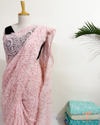 Blush pink full jaal Chikankari hand embroidered saree with floral threadwork.