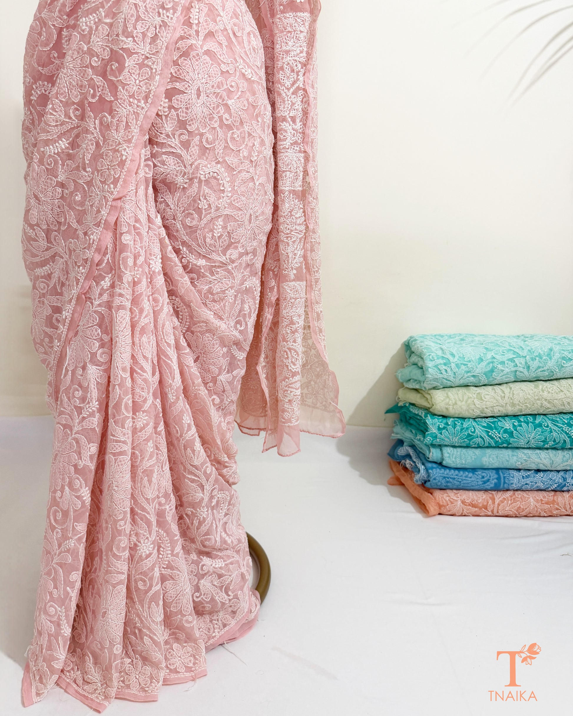 Hand embroidered Lucknowi Chikankari saree in soft blush pink.