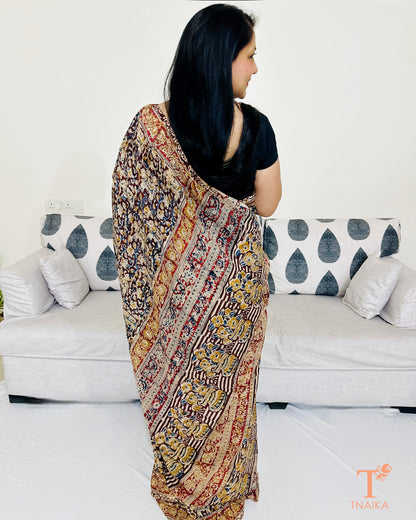 Full drape view of earthy Chennur silk Kalamkari saree