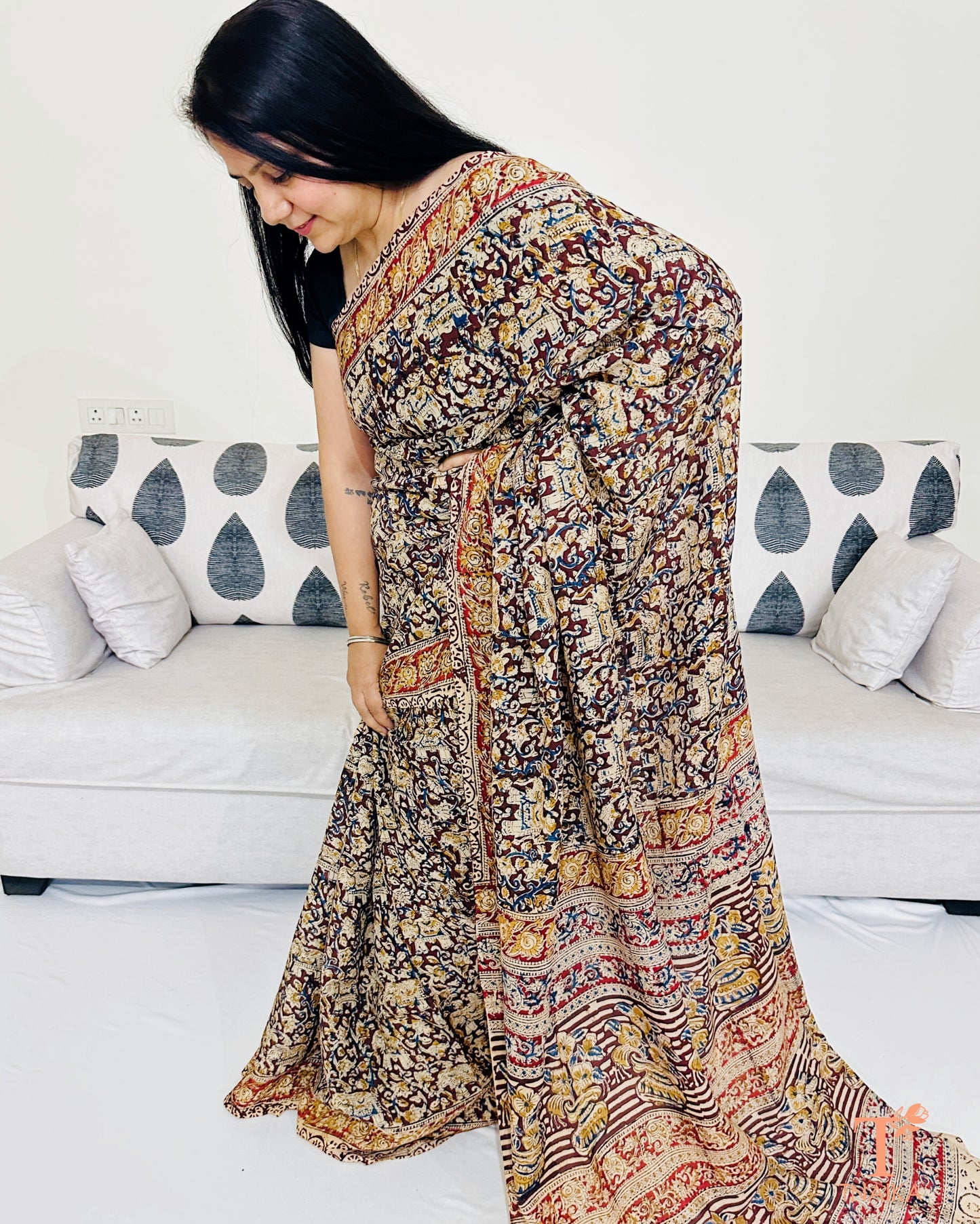 Close-up of Kalamkari handblock print on Chennur silk saree