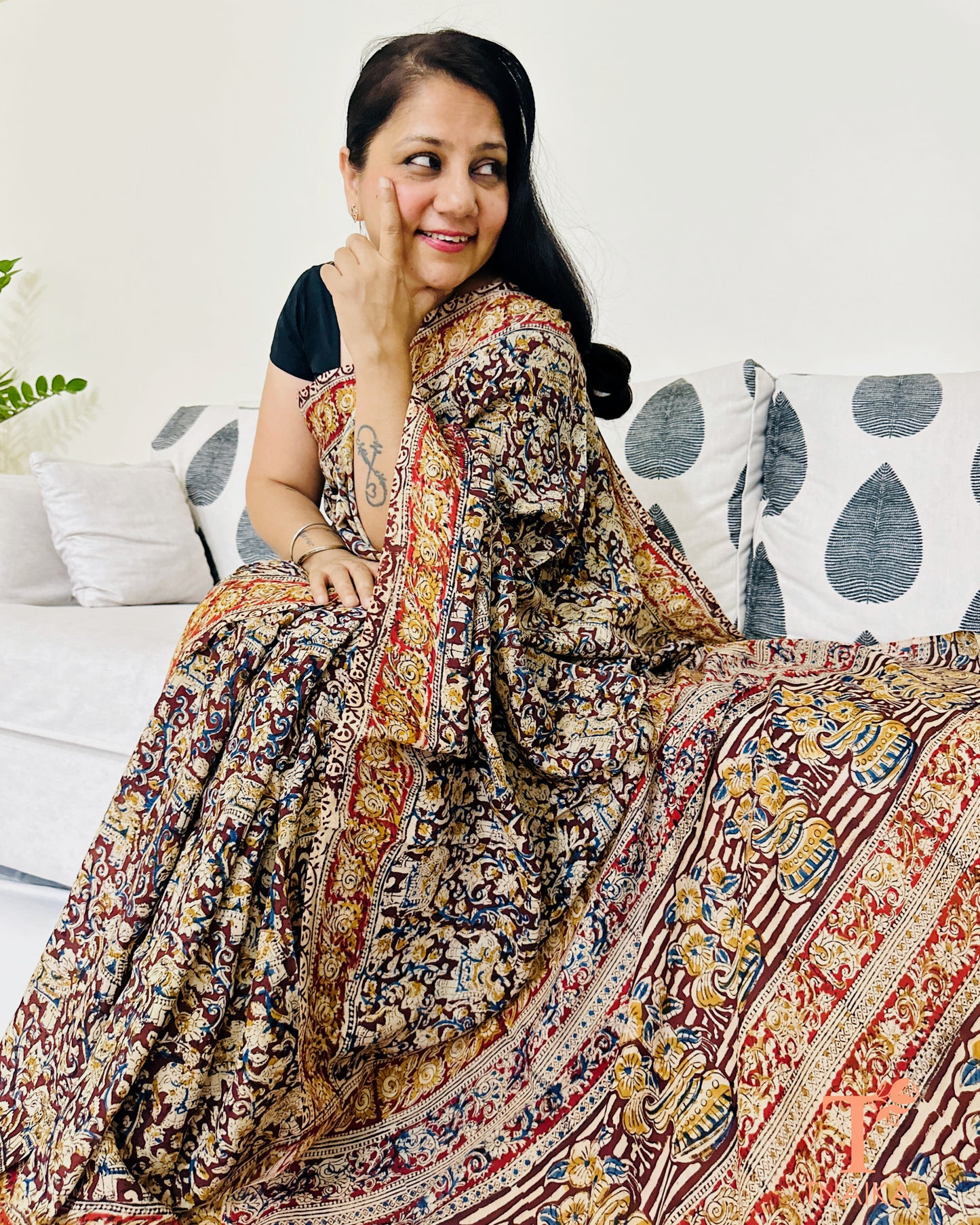 Handblock printed Chennur silk Kalamkari saree with heritage motifs